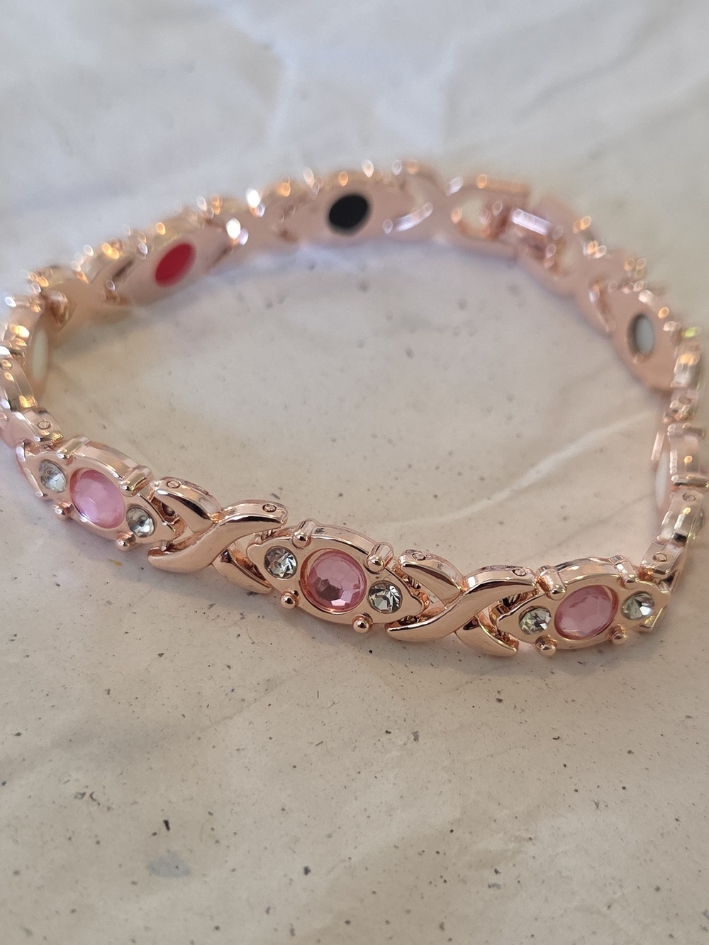 Rose-Tone Pink Crystal Link Bracelet with Clear Accents